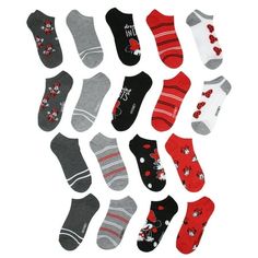 These Minnie Mouse women's 9-pack of no-show ankle socks. Each sock will be designed to showcase illustrations of Minnie Mouse in her polka dot dress and red hair bow. Not just adorable but versatile, these socks feature a variety of color schemes that allow for easy mixing and matching. Crafted from a blend of 97% polyester and 3% spandex, these ankle socks offer a soft, stretchy fit that hugs your feet comfortably throughout the day. Ideal for women's shoe sizes 4-10, they blend durability and Mickey Mouse Socks, Cheap One-size Women's Socks, Cheap Non-slip Comfortable Socks, Casual Multicolor Cartoon Print Socks, Red Non-slip Comfortable Socks, Red Hair Bow, Women's Socks, No Show Socks, Ankle Socks