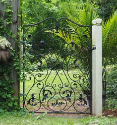 an iron gate in the middle of a garden