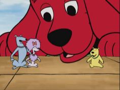 an animated dog and two cats are in front of a large red dog with its tongue out