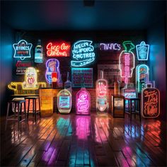 neon signs and stools are lit up on the floor in front of a brick wall