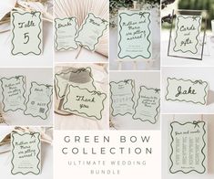 the green bow collection includes wedding stationery, place cards, and other items for guests to choose from