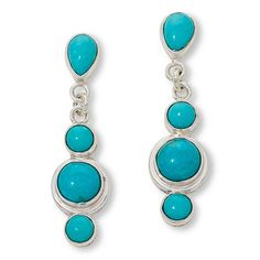 Jay King Sterling Silver Kingman Turquoise Drop Earrings  These sterling silver earrings feature coveted American-mined Kingman turquoise. Each handcrafted drop showcases four cabochons of this beautiful, blue-green stone that's become synonymous with Southwestern style. From Jay King.       Approx. 1-1/4"L x 3/8"W     Stamped .925     Pierced with clutch backs     Sterling silver earrings have have pear-shaped blue-green turquoise on post fronts     Three-stone turquoise drops attached to posts Sterling Silver Turquoise Cabochon Earrings, Turquoise Cabochon Drop Earrings, Turquoise Cabochon Dangle Jewelry, Turquoise Drop Earrings, Color Bands, Kingman Turquoise, Southwestern Style, Green Turquoise, Green Stone