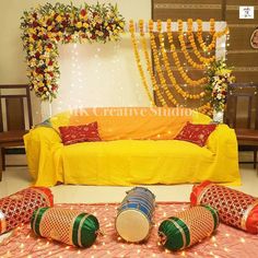 Mayun Decoration At Home, Mayoun Decor Home, Mayoon Decorations At Home, Dholki Decor Home, Dholki Decor, Mehndi Stage, Indian Wedding Stage, Haldi Decoration