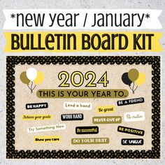 the bulletin board kit for new year's celebrations is shown in yellow and black