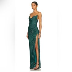 Nwt $795 Retrofete Katya Draped Sequined Chiffon Gown M Emerald Retrofte's Name Is A Combination Of Synonyms For 'Vintage' And 'Party' - Its Dresses Are A Tribute To Both. This 'Katya' Style Is Cut From Chiffon Doused In Glittering, Tonal Sequins. The Daring Thigh Split Calls For A Body Shimmer And Your Highest Heels. The Katya Dress Embodies Classic Elegance. The Hand-Sewn Sequin Maxi Features A Cowl Neck And Spaghetti Straps. The Slimming Silhouette Is Completed With A Dramatic Slit On The Sid Retrofete Katya, Feather Gown, Body Shimmer, Highest Heels, Milly Dress, Sequin Maxi, Bow Detail Dress, Emerald Color, Feather Dress