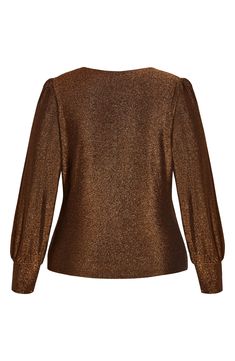 A shimmery knit fabric adds a pop of glamour to this surplice V-neck top framed by billowy long sleeves. 26" length (size X-Small) Surplice V-neck Long sleeves Lined 58% nylon, 34% metallic fibers, 8% elastane Hand wash, dry flat Imported Glamorous V-neck Winter Top, Chic V-neck Holiday Tops, Gold V-neck Top For Fall, Glamorous Metallic Tops For Fall, Chic Long Sleeve Glitter Tops, Shimmer Long Sleeve Blouse For Night Out, Metallic Long Sleeve Tops For Fall, Metallic Long Sleeve Holiday Tops, Holiday Metallic Long Sleeve Tops