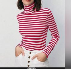 Shein Frenchy Striped Print Mock Neck Tee Size S New With Tag #152tt) Shein Sweater, Stripe Print, Mock Neck, New Color, Red White, Red And White, Sweaters For Women, Turtle Neck, Red