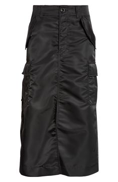 The division of duties is clearly designed into this midi skirt tailored with an all-function nylon-twill cargo front and an all-fashion pleated satin back. 34" length (size 3) Zip fly with button closure Front flap-slant pockets; cargo bellows pockets Back elastic waist Cupro lining, with 100% polyester fill 100% nylon with 100% polyester trim Dry clean Made in Japan Designer Clothing Asian & Pacific Islander Owned/Founded Utility Skirt With Multiple Pockets For Work, Black Cargo Skirt With Pockets For Work, Black Workwear Skirt With Cargo Pockets, Relaxed Work Skirt With Multiple Pockets, Utility Black Skirt With Cargo Pockets, Utility Style Black Skirt With Cargo Pockets, Fitted Cargo Skirt With Multiple Pockets For Work, Spring Nylon Cargo Skirt With Pockets, Midi Cargo Skirt