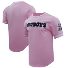 The Pro Standard Pink Dallas Cowboys Classic Chenille Double Knit T-Shirt is a must-have for any devoted Dallas Cowboys fan. With its heat-sealed chenille appliques and embroidered details, this shirt proudly displays your allegiance to the Cowboys. The rounded bottom hem and ribbed collar and sleeves with stripes add a touch of style, making it perfect for game day or any day you want to show your support for the Dallas Cowboys. Pink Dallas Cowboys, Dallas Cowboys Gear, Dallas Cowboys Fans, Nfl Gear, Uniform Design, Shield Design, Embroidered Details, Spandex Shorts, Double Knit