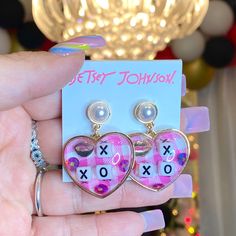 Betsey Johnson Valentines Heart Earrings Pink Earrings For Mother's Day Party, Pink Party Earrings For Mother's Day, Pink Drop Earrings For Valentine's Day, Pink Earrings For Valentine's Day Party, Pink Heart Charm Drop Earrings, Pink Jewelry For Pierced Ears For Valentine's Day, Pink Double Heart Earrings For Party, Trendy Pink Heart Charm Earrings, Trendy Pink Heart Earrings For Gift