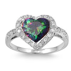 Sterling Silver Simulated Mystic Rainbow Topaz Heart Halo - SilverCloseOut - 1 Topaz Engagement Rings, Heart Halo Ring, Grey Jewelry, Heart Shaped Engagement Rings, Rainbow Topaz, German Silver Jewelry, Gray Jewelry, Mystic Quartz, Silver Jewellery Indian