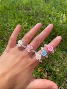 Butterfly and flower pearl bead rings! Different colors to choose from and custom sizes! Cheap Flower Ring With Colorful Beads For Gift, Butterfly Bead Ring Tutorial, Beaded Butterfly Ring Tutorial, Bead Rings, Butterfly And Flower, Pearl Rings, Flower Butterfly, Pink Clay, Cute Clay