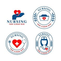 four logos for nursing and health care services, including the nurse's hand with a stethoscope