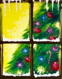 a painting of a christmas tree is seen through a window