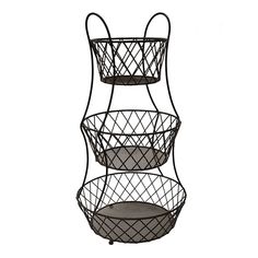 three tiered metal basket with wheels on the bottom, and two round baskets in the middle