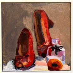 an oil painting of red shoes on a table