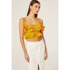 Yellow cotton (100% Cotton). Top. Square neck. Sleeveless. Back zipper closure. 16" from shoulder to hemline. Imported. Chic Cotton Ruffled Tank Top, Chic Sleeveless Ruffled Crop Top, Chic Cotton Sleeveless Crop Top, Chic Sleeveless Cotton Crop Top, Ruffle Crop Top, Rent The Runway, Closet Designs, Jason Wu, Cotton Top