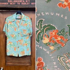 Vintage 1940's Menehune Mythical Cartoon Tropical Rayon Hawaiian Shirt. Tag Size M. Please check the measurements below.  Very good condition.  Small stain on shoulder. (see photos) The label is  "Lanai Tog".  Original 1940's.  Camp collar Hawaiian shirt with mythological Menehune pattern.   All Sales Final.   Please ask any questions before purchase.   Take a look at our Store for more Vintage Clothing - VintageOnHollywood.com MEASUREMENTS  Shoulder to Shoulder: 17 1/2" Underarm to Underarm: 22 Vintage Green Cotton Hawaiian Shirt, Vintage Hawaiian Shirt With Vintage Print, Vintage Cotton Hawaiian Shirt With Vintage Print, Vintage Cotton Collared Hawaiian Shirt, Vintage Cotton Camp Shirt With Vintage Print, Cotton Vintage Camp Shirt With Vintage Print, Cotton Vintage Print Camp Shirt, Vintage Hawaiian Shirt For Summer, Vintage Fitted Camp Shirt With Camp Collar