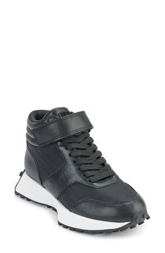 A flared, chunky sole makes a statement on this lace-up sneaker that's secured with a hook-and-loop strap at the ankle. 1 1/2" heel Textile and synthetic upper/textile lining/leather and rubber sole Imported Medium Width Lace-up Sneakers With Cushioned Footbed, High-top Wedge Sneakers With Contrast Sole For Sports, Sports High-top Wedge Sneakers With Contrast Sole, Sporty Ankle-high High-top Sneakers With Textured Sole, Functional Leather Chunky Sneakers With Round Toe, Sporty Wedge Sneakers With Boost Midsole And Round Toe, Leather Wedge Sneakers With Studded Outsoles For Streetwear, Leather High-top Sneakers With Round Toe, Functional Black High-top Platform Sneakers