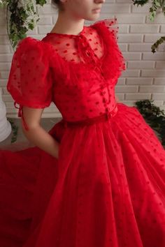 Velvet Polka Dots Gown – Teuta Matoshi Teuta Matoshi, Red Prom Dress Long, Red Belt, Red Gowns, Elegant Dresses For Women, Vestidos Vintage, Prom Dresses With Sleeves, Dresses Elegant, Puffy Sleeves