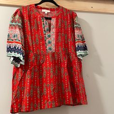 This Loose-Fitted Blouse Is Perfect For Spring And Summer!!! It Has A Super Cute Fun Pattern. It Has Never Been Worn Before, And The Tags Are Still On It! Red Tunic Tops For Spring, Red Tunic Blouse For Summer, Casual Red Printed Blouse, Casual Printed Tunic Top, Patterned Tunic Blouse For Summer, Red Summer Tunic Top, Red Printed Short Sleeve Blouse, Vacation Red Short Sleeve Blouse, Red Short Sleeve Blouse For Vacation