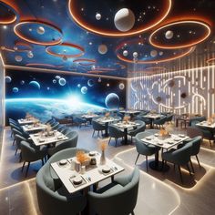 an image of a restaurant setting with planets on the wall and tables set for dinner