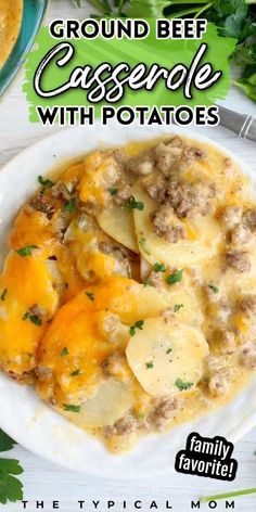 a white plate topped with potatoes and ground beef casserole