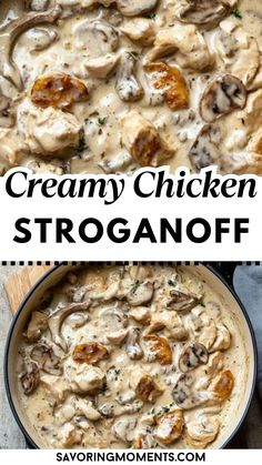 creamy chicken stroganooffe in a skillet with the title above it