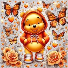 winnie the pooh with butterflies and roses in front of her is an orange teddy bear