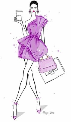 a drawing of a woman in a purple dress holding a shopping bag and a wine glass