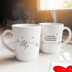 BoldLoft Love You to the Stars and Beyond Couple Coffee Mugs feature 2 cute stick figures and a love quote. Cotton Anniversary Gifts