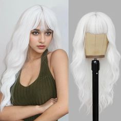 PRICES MAY VARY. 【Material】This white wig with bangs is made of 100% heat-resistant synthetic fiber material, which is soft and smooth, allowing it to maintain its pretty curls well. The texture and luster of this white wig are like real hair, presenting a realistic and natural appearance. 【Hairstyle】The length of the white wavy wig is 20 inches. The bangs of the white wig are cute and fluffy, about 5 inches, which can perfectly flatter the face shape and forehead. You can trim or restyle the ba White Wig With Bangs, Pretty Curls, White Wig, Wavy Wigs, Natural Wigs, Wavy Wig, White Blonde, Real Hair, Wig With Bangs