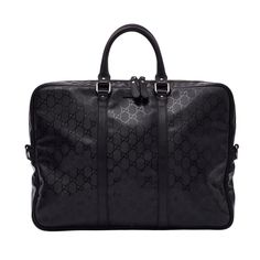 This Gucci briefcase bag features black monogram coated canvas, leather details throughout, dual rolled leather top handles, top zip closure with double zipper tabs, silver tone hardware and black canvas lining with pockets. Color: Black with monogram print Material: Coated canvas textile Style No. 201480 Condition: Very good. Faint hairline marks and scratches. No inclusions & missing shoulder strap. Made in Italy Measurements~ Height 12” x Width 16” x Depth 2.5” Top handle drop: 2.5” Luxury Formal Bags In Signature Coated Canvas, Luxury Monogram Canvas Satchel For Formal Occasions, Classic Formal Bags In Signature Coated Canvas, Designer Formal Satchel In Signature Coated Canvas, High-end Bags In Signature Coated Canvas For Formal Events, Business Rectangular Satchel In Signature Coated Canvas, High-end Formal Bags In Signature Coated Canvas, Business Signature Coated Canvas Satchel, Modern Gucci Bag With Branded Hardware