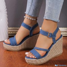 Orcajump - Stylish Denim Blue Platform Sandals with Thick Wedge Heels and Round Toe Design Blue Round Toe Wedge Sandals, Blue Shoes Heels & Wedges, Blue Platform Sandals, Cheap Blue Slip-on Wedge Sandals, Blue Closed-toe Wedge Sandals For Summer, Denim Heels, Beach Slip-on Wedge Sandals With Buckle Closure, Toe Designs, Denim Blue