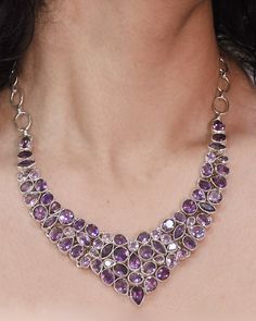 Add a Dash of Exotic! Bring out your Inner Goddess with our stunning Multi Gemstone Amethyst statement necklace handmade in fine sterling silver. Artistically hand-set oval, marquise and pear cut authentic Amethyst gemstones stack artistically in this one-of-a-kind necklace, shimmering all the way. This enchanting necklace will be your favorite addittion to the jewelry box for years to come. Authentic Sivalya Amethyst Hallmarked Metal: 925 Sterling Silver Adjustable Length: 18" - 21" Toggle Clas Cleaning Silver Jewelry, 108 Mala Beads, Fine Diamond Jewelry, Fine Silver Jewelry, Inner Goddess, Cool Gifts For Women, Amethyst Gemstone, Necklace Handmade, Pear Cut