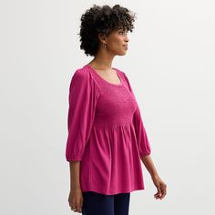 Update your wardrobe with this fashionable women's three-quarter sleeve smocked blouse from Croft & Barrow.Click on this WOMEN'S GUIDE to find the perfect fit and more! Update your wardrobe with this fashionable women's three-quarter sleeve smocked blouse from Croft & Barrow. Click on this WOMEN'S GUIDE to find the perfect fit and more! FEATURES Crewneck Three-quarter length sleeves with elastic cuffs Rounded hem Smocked fabric construction UnlinedFIT & SIZING 27.75-in. length from shoulder to h Billowy Smocked Top For Spring, Spring Smocked Top With Elastic Sleeves, Casual Peasant Top With Elastic Sleeves, Non-stretch Smocked Top For Fall, Casual Peasant Top With 3/4 Sleeve For Fall, Casual 3/4 Sleeve Peasant Top For Fall, Fall Smocked Top For Daywear, Smocked Top For Daywear In Fall, Relaxed Fit Smocked Top For Fall