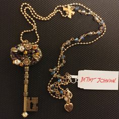 Betsey Johnson Jeweled Skeleton Key Pendant Necklace Nwt Chain Is 34" Long And Can Be Adjusted To A Smaller Length By 3", Key Is 3 1/2" Long, Key Features Jeweled With Flowers, Leaves & Multi Colored Rhinestones Plus Bow With Heart On Chain, Each Piece Is Unique & Ornate. Necklace Includes The Original Gift Box. Great Gift For Someone You Love. Ref Lot # 2. Jeweled Skeleton, Skeleton Key Crafts, Skeleton Key Jewelry, Ornate Necklace, Key Crafts, Lock Jewelry, Key Pendant Necklace, Key Jewelry, Jewelry Accessories Ideas