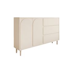 a white cabinet with two doors and three drawers on one side, against a white background