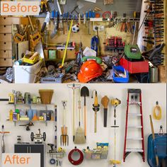 two pictures side by side one with tools and the other with tools on it's wall