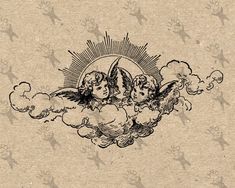 an ink drawing of angels in the clouds