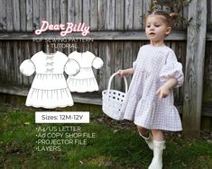 "This is a girls tiered dress with puff sleeves and bows PDF Sewing Pattern (instant download) with Instructions. 'Pretty Little Dress' pattern by DearBillyPatterns. Designed for woven fabrics. This is a PDF Sewing Pattern (instant download) in sizes 12M-18M-2Y-3Y-4Y-5Y-6Y-7Y-8Y-9Y-10Y-11Y-12Y. All sizes are included in your purchase. This is an intermediate skill level sewing pattern that requires prior sewing experience. If you have any questions while sewing-feel free to email us, we'll be mo Baby Girl Dress Sewing Pattern, Children Sewing Patterns, Tiered Dress Pattern, Girls Dress Pattern Free, Toddler Sewing Patterns, Pretty Little Dress, Kids Clothes Patterns, Sewing Kids Clothes, Girls Dress Sewing Patterns