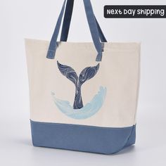 Whale Tail Tote Bag, Ocean Design Tote Bag, Marine Life Beach Bag,  Sea Lover Gift, Blue Whale Tote Canvas Bag, Sea Life Tote Bag How to Place an Order? 1)Pick Color of the Tote Bag 2)Pick Printing option (Non Print is plain bag - no design on it) 2 Color bags comes with Zipper Only. Plain Colors are without zipper. ------------- We'll ship your custom-designed tote bag within 1 to 3 days of receiving your order, straight from our shop in Houston.  Processing is 1-3 days. After we make your orde Blue Canvas Beach Bag For Shopping, Blue Pouch Beach Bag For Travel, Blue Large Capacity Canvas Bag Gift, Blue Large Capacity Canvas Bag As Gift, Blue Large Capacity Pouch Bag, Blue Large Capacity Canvas Bag For Gift, Blue Canvas Bag With Large Capacity As Gift, Blue Canvas Shoulder Bag Gift, Large Capacity Blue Pouch Bag