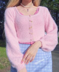 Soft Fuzzy Cropped mohair Sweater in baby pink with oval neckline, long puff sleeves and sweet rose decoration at front. This cute sweater has a faux ‘cardigan’ trim (the roses are not buttons, they are sewn-in onto the sweater). Its stretchy construction would accommodate sizes Small, Medium and Large. ONE SIZE Length: 42cm Bust: 84-94cm Material: Acrylic 90s Pink Aesthetic Outfits, Rose Pink Outfit, Katie Gardner, Baby Pink Outfit, Softie Aesthetic, Coquette Stuff, Pink Girl Outfits, Coquette Princess, Baby Pink Sweater