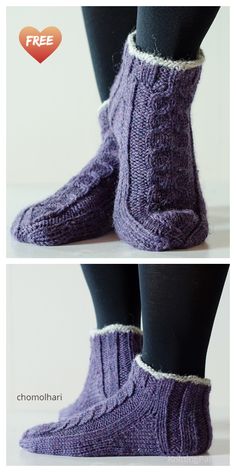 two pictures showing the legs and feet of someone wearing purple socks with white trims