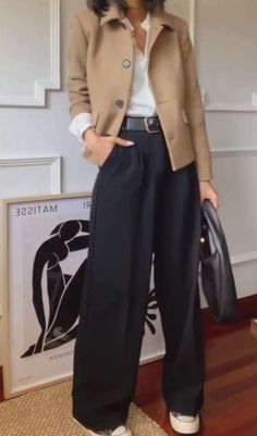 Comfortable Formal Outfits, Grey Silk Pants Outfit, Camel Trousers Outfit Women, Black Classic Pants Outfit, Olivia Palermo Style 2024, Black Trousers Outfit Winter, Cream Wide Leg Pants Outfits, Trousers Outfit For Women, Camel Blazer Outfits Women