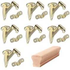 brass plated cabinet door handles and brackets with wooden dowing for furniture, set of 10