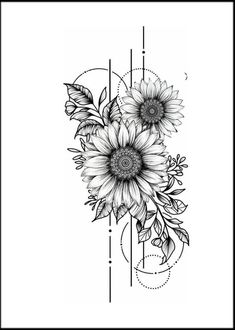 a black and white drawing of sunflowers with leaves on the bottom half of it