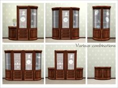 four different views of a corner cabinet with clocks on the front and side doors open