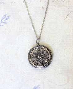 Silver Locket Necklace Large Round Locket by apocketofposies Vintage Circle Necklace For Gifting, Vintage Circle Necklace For Gifts, Brass Medallion Locket Necklace, Metal Medallion Necklace With Locket, Antique Gold Engraved Medallion Necklace, Metal Medallion Pendant Necklace With Locket, Engraved Antique Gold Medallion Necklace, Antique Gold Medallion Locket Necklace With Intricate Design, Vintage Medallion Locket Necklace As Gift