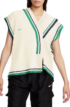 Nike Sportswear Collection Stripe Trim Sweater Vest | Nordstrom Nike Vest, Sportswear Collection, White Capri Pants, Winter Trends, Summer Fashion Trends, Trouser Style, Ribbed Sweater, Nike Sportswear, Sweater Vest